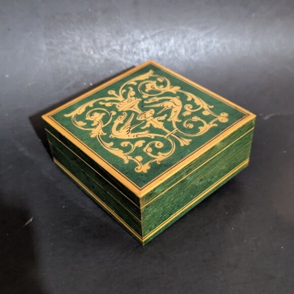 Italian Handcrafted Wooden Trinket Box Green & Gold Floral Design Vintage Decor - Picture 6 of 9